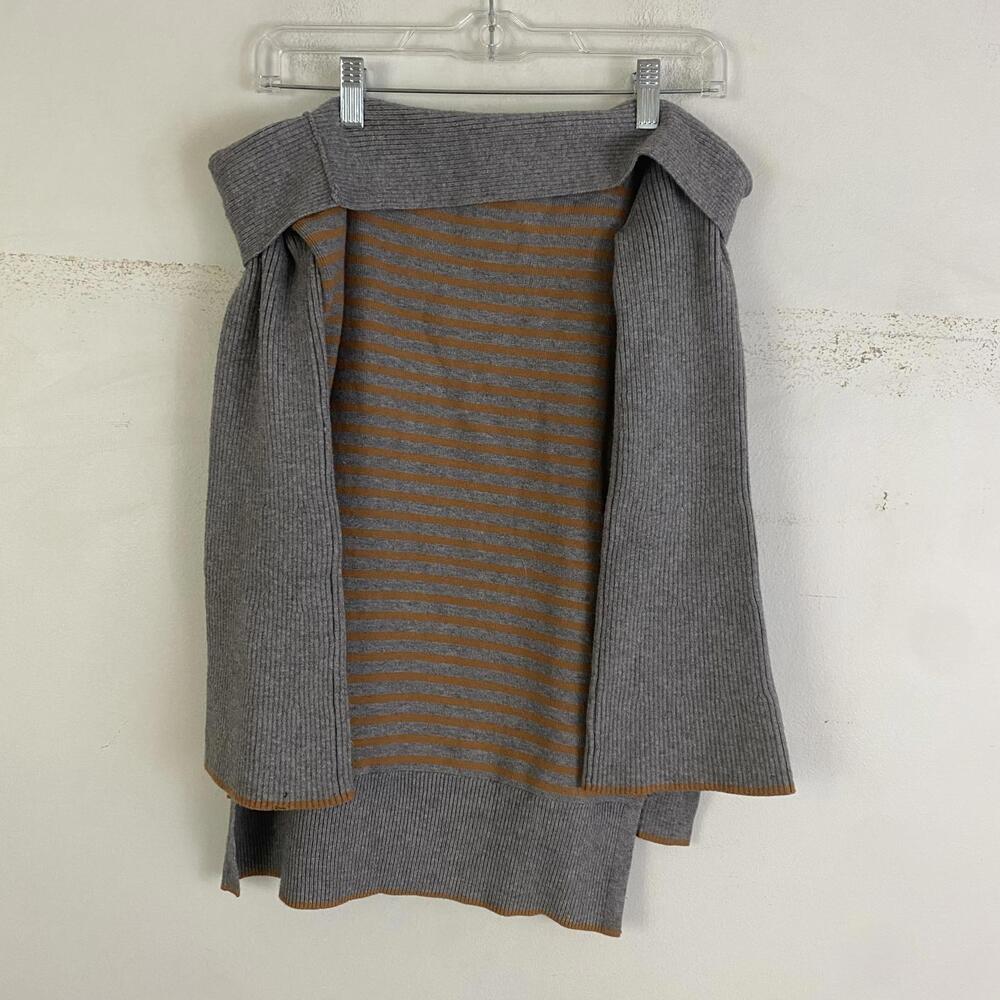 Anthropologie Striped Elise Ribbed Off Shoulder Sweater in gray and orange sz XS - Picture 4 of 7